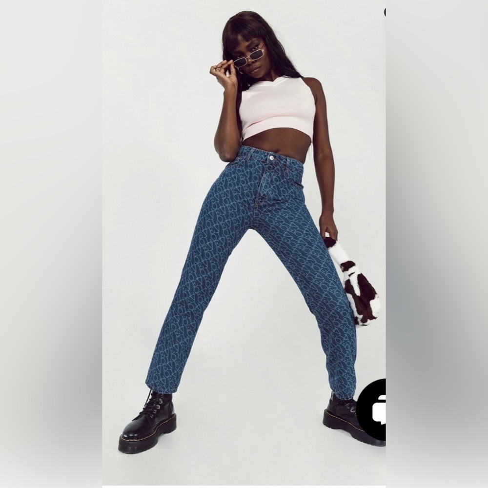Princess Polly Love Lounge Straight Leg Crop Graphic Print Denim Jeans US Size 2